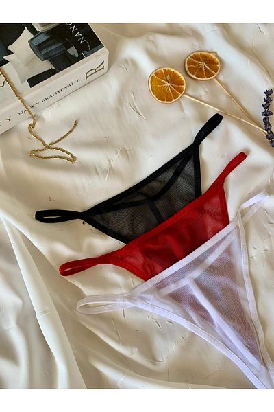 İNKO İÇ GİYİM Set of 3 Sexy Tulle Thong (Black-White-Red)
