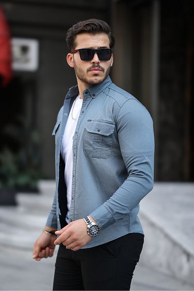 Mero Life Ανδρικό μπλε τζιν πουκάμισο με λεπτή εφαρμογή
