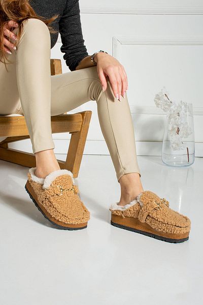 ShoeTek Lamia Women's Slippers with Buckle and Fur Inside Beige