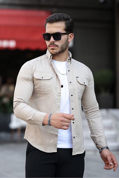 Mero Life Ανδρικό τζιν πουκάμισο Cream Slim Fit Slim Fit