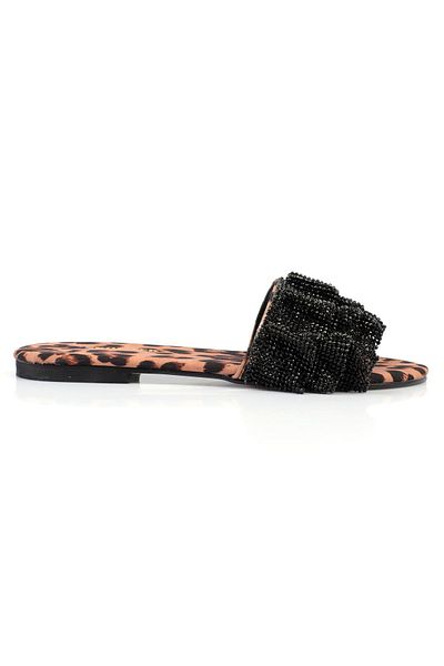 ShoeTek Carys Women's Slippers - Black/Leopard Design with Fringes and Stones