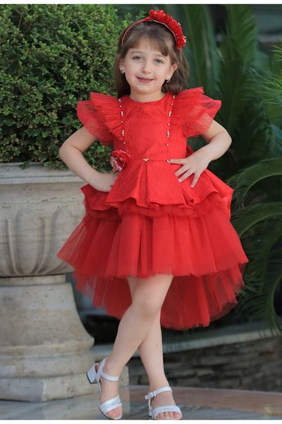 MİSS RAİN Sleeves Balloon Ruffle Vatka Look Skirt Layered Asymmetric Cut Red Girl's Gown Dress