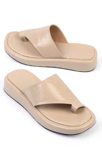 ShoeTek Beige Leather Marivya Women's Slippers - Flip Flops