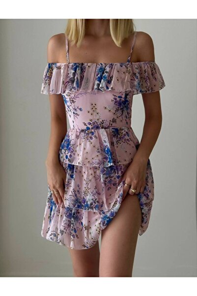 popibutik Düşük Omuz Kat Etekli Gipeli Şifon Kumaş Mini Pembe Elbise