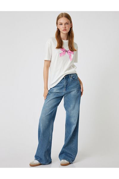 Koton Bow Printed Oversize T-shirt - Crew Neck, Short Sleeve