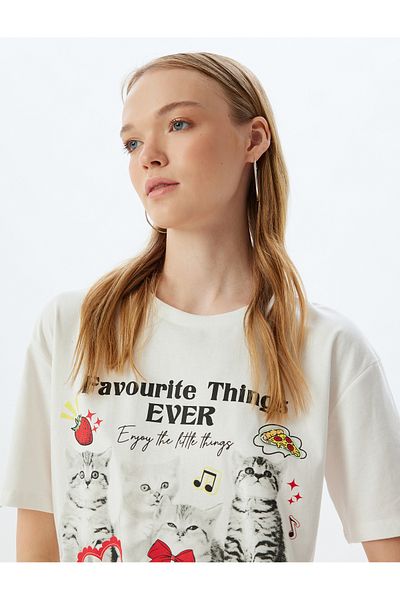 Koton Cat Printed Oversize Cotton T-Shirt - Crew Neck, Short Sleeve