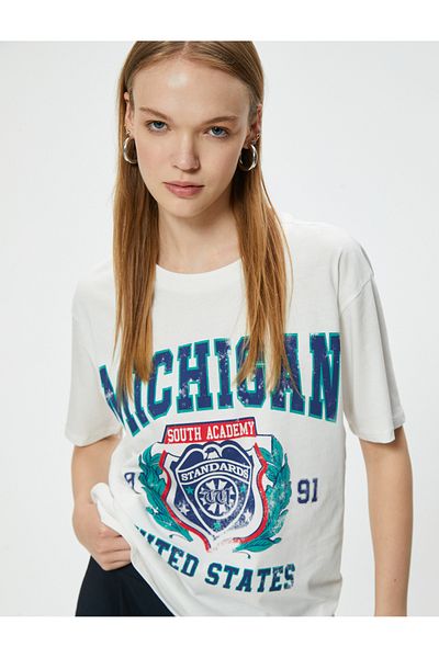 Koton Cotton Oversize College Printed T-Shirt - Crew Neck, Short Sleeve