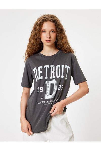 Koton College Printed Oversize Cotton T-Shirt - Crew Neck, Short Sleeve