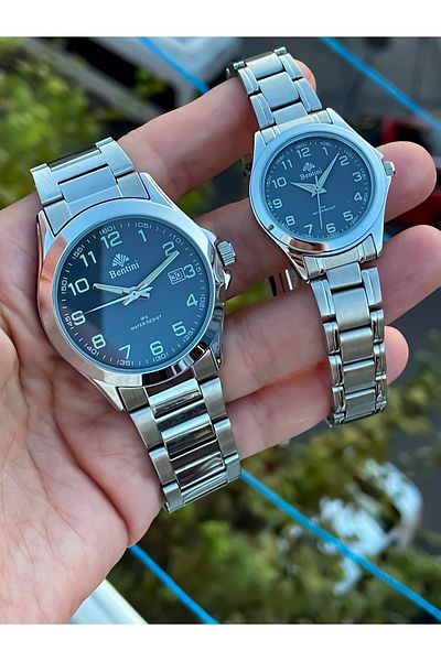 Bentini 2-Year Warranty Waterproof Wife Steel Wristwatch and Bracelet - Men's Couple Set with Calendar and Night Gorus