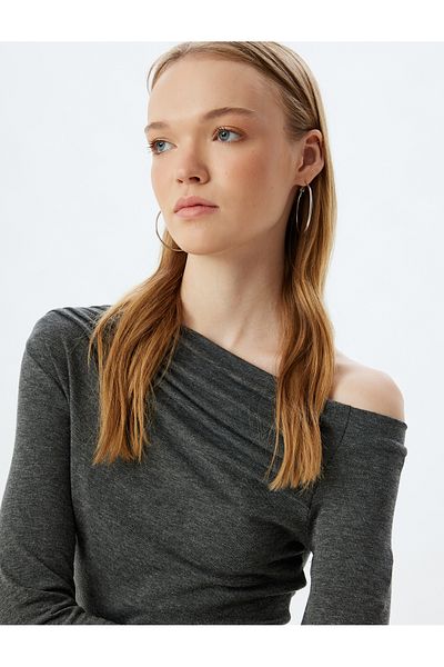 Koton Μακρυμάνικη Draped Slim Fit Μπλούζα - BoAt Neck, Off the Shoulder
