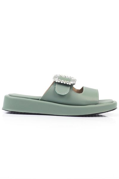 ShoeTek Ментово зелени дамски кожени чехли Linca - каишки и катарами