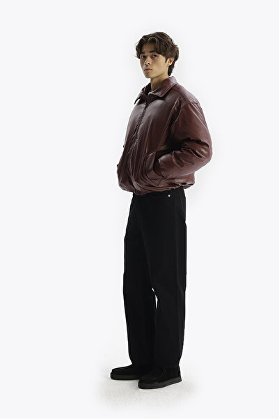 GIESTO Burgundy Puffer Leather Jacket