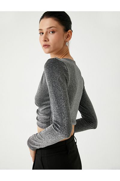 Koton Třpytivá halenka Crop – dlouhý rukáv, výstřih do V, šňůrka