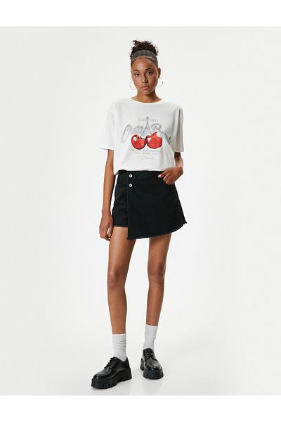Koton Cotton Oversize Cherry Printed T-Shirt - Crew Neck, Short Sleeve