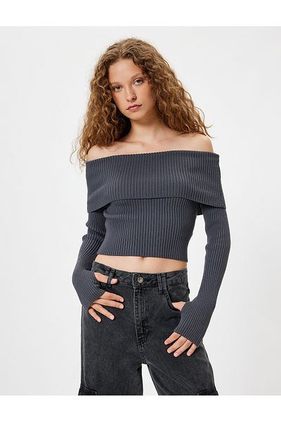 Koton Madonna Collar Off-The-Shoulder Sweater Long Sleeve Slim Fit Textured
