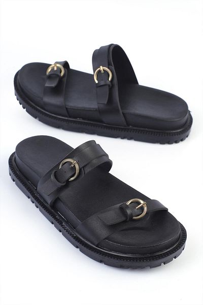 ShoeTek Wilma Μαύρες Δερμάτινες Γυναικείες Παντόφλες - Με Πόρπες και Ζώνες