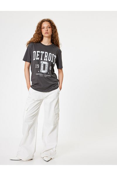 Koton College Printed Oversize Cotton T-Shirt - Crew Neck, Short Sleeve