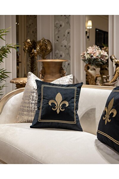 ref crea Husă de pernă cu cadru brodat Fleur De Lis, negru - auriu