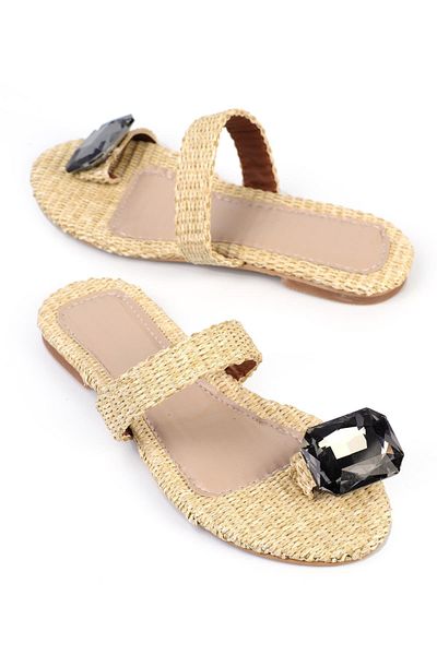 ShoeTek Beige Colored Salminya Women's Slippers - Stone Detailed Flip Flop Straw Band
