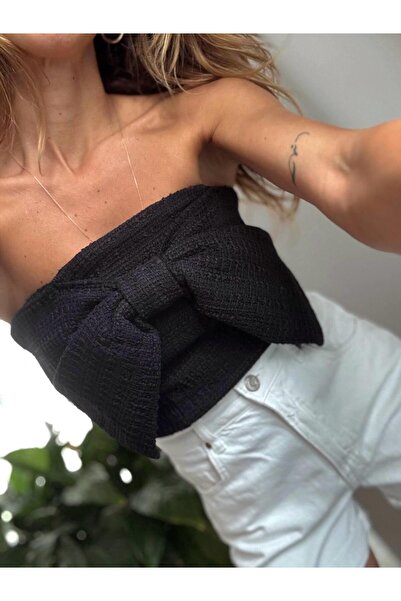 Maldia Shop Women's Tweed Fabric Zippered Strapless Bow Detailed Black Bustier