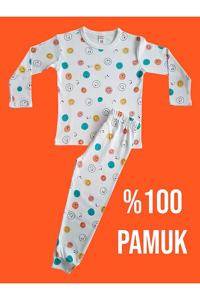 Çamaşır Bahçesi Long Sleeve Patterned Children's Pajama Set # Printed Children's Pajamas # Laundry Garden # Smiley Patterned