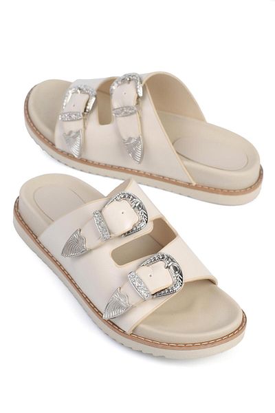 ShoeTek Beige Leather Women's Slippers - Double Banded and Buckle Lanice