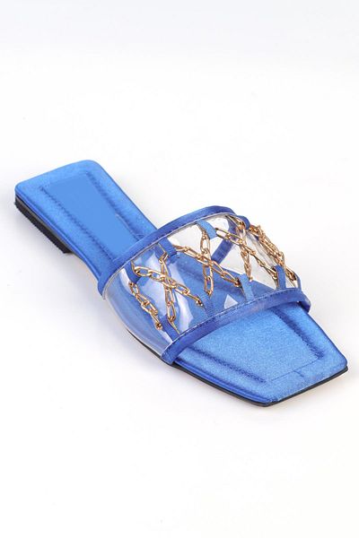 ShoeTek Papuci de damă Saks Blue Satin Tranda - cu lanț și transparent