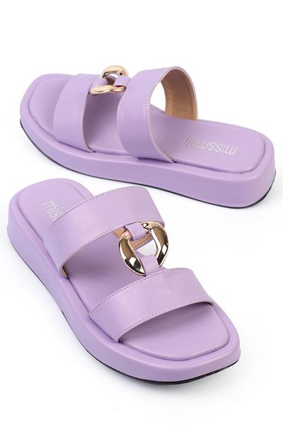 ShoeTek Papuci de damă din piele liliac Fisheda - cu bandă dublă și cataramă medie