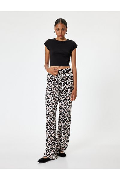 Koton Viscose Fabric - Leopard Patterned and Waist Lace-up Trousers