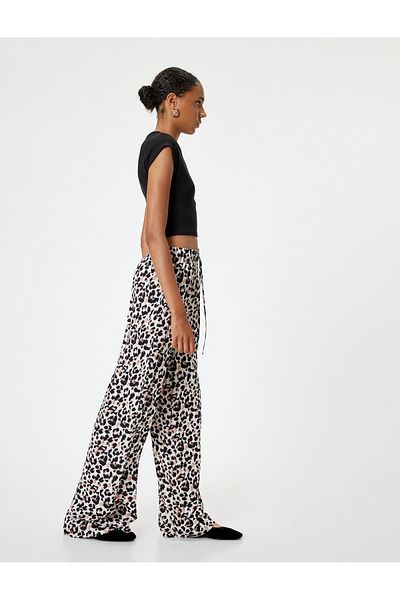 Koton Viscose Fabric - Leopard Patterned and Waist Lace-up Trousers