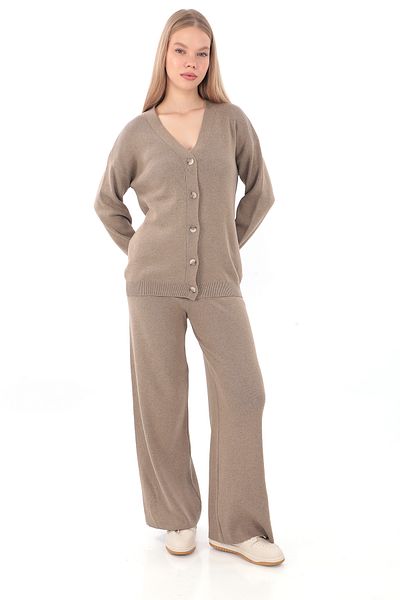 le mardi Mink Colored Women's Knitwear Set - Cotton Acrylic Cardigan and Trousers