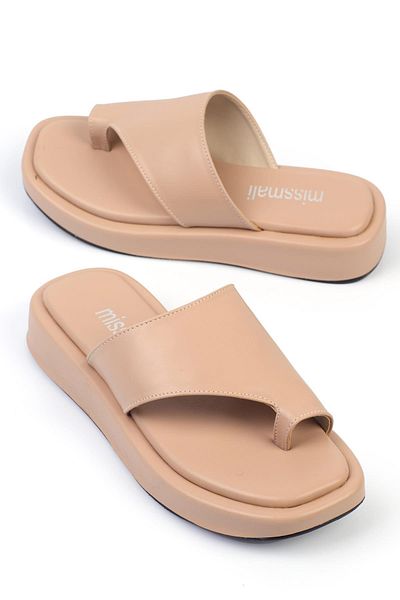 ShoeTek Marivya Nude Leather Women's Slippers - Flip Flops