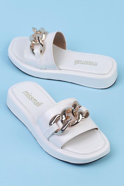 ShoeTek Adreava White Leather Women's Slippers - Banded and Chained