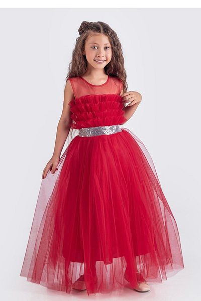 ABİYEKİDS Red Children's Evening Dress with Chest Ruffle and Waist Sequin Detail, Aby176