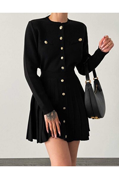 Abir Set de tricotaje cardigan cu nasturi negri pentru femei cu fustă mini