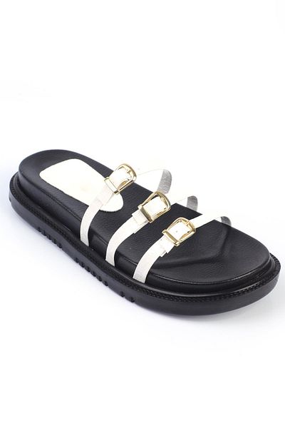 ShoeTek Λευκές δερμάτινες γυναικείες παντόφλες Zelma - Σχέδιο πόρπης με τρεις ρίγες