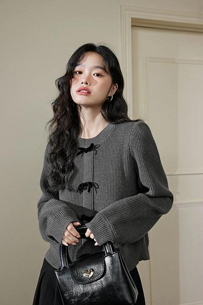 Foxstep Women's Anthracite Crew Neck Knitwear Bow Detailed Sweater, Ribbon Sweater