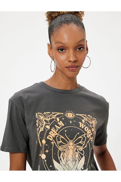 Koton Crew Neck Slogan Printed Cotton T-Shirt