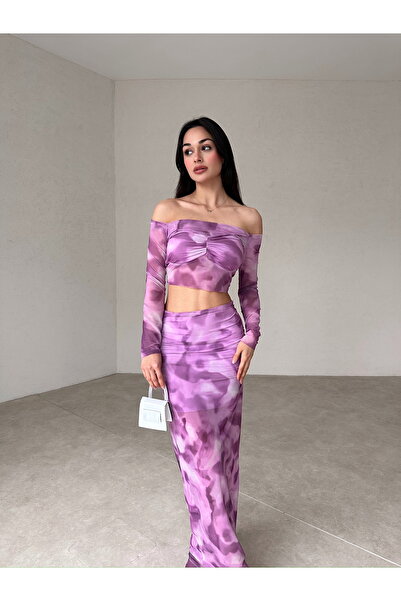 popibutik Tül Kumaş Lila Etek Crop Takım