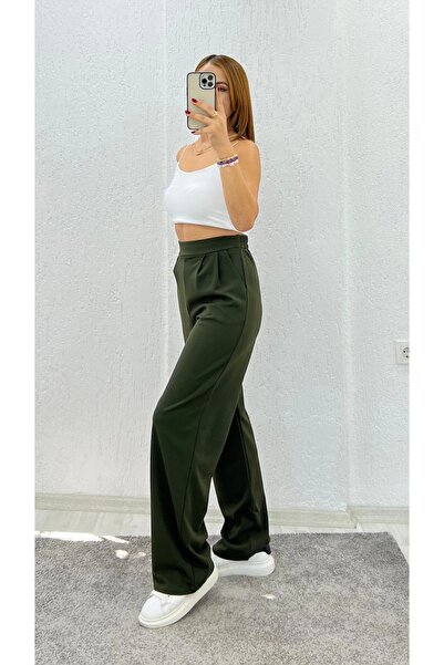 İrka Moda İthal Krep Kumaş Palazzo Pantolon Haki