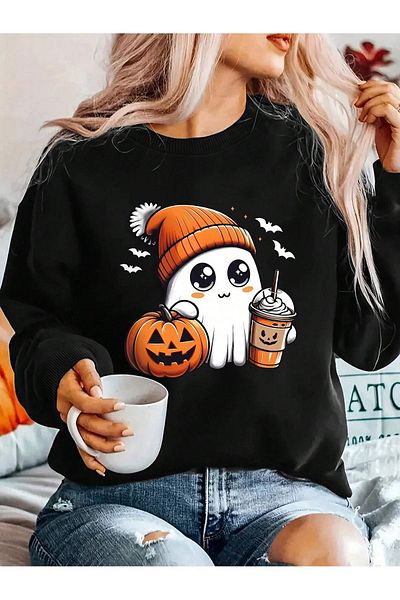 Pink Sky Halloween Ghost Front Printed Black Oversize Hooded Sweatshirt