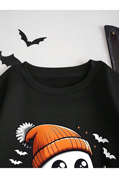 Pink Sky halloween hayalet ön baskılı siyah oversize kapşonlu sweatshirt