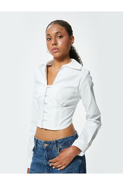 Koton V-Ausschnitt Langarm - Crop Bluse mit Metall-Accessoires