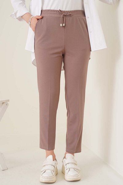 asilmoda Rope Detailed Elastic Waist Skinny Leg Mink Trousers