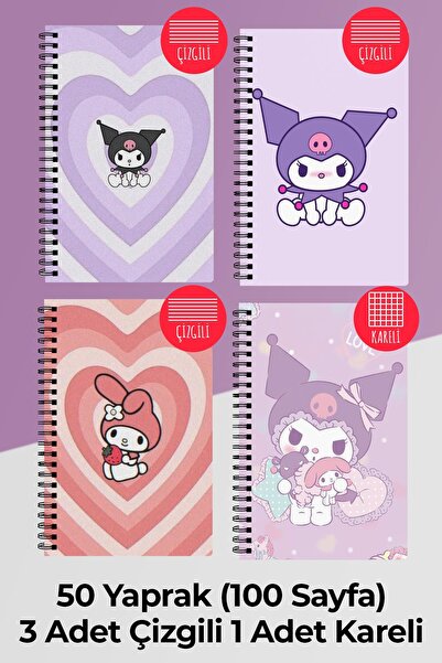 Anime Marketi Kuromi Temalı 4'lü A5 Spiralli Okul Defter Seti 50 Yaprak 100 Sayfa - Çizgili