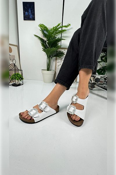 İmerShoes Papuci de damă cu bandă dublă, cu cataramă dublă, cu talpă din plută - 123