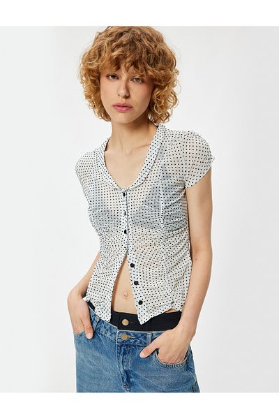 Koton Baby Collar Polka Dot Blouse - Transparent, Buttoned and Gather Detailed, Short Sleeve
