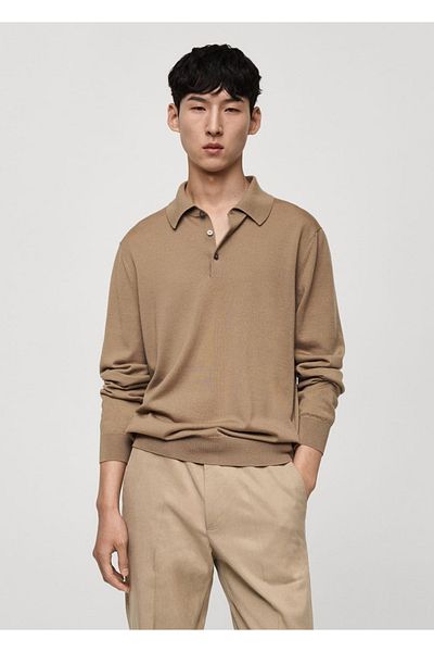 MANGO Man Tricou polo cu mânecă lungă din lână merinos 100%.