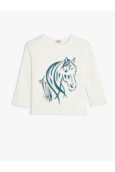 Koton Long Sleeve Crew Neck Cotton T-Shirt - Embossed Horse Print