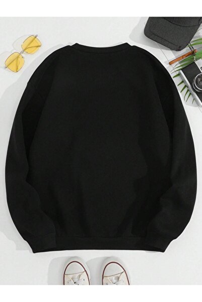 Pink Sky Halloween Gülen Yüz Baskılı Siyah Oversize Sweatshirt